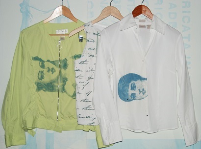 cyanotype paper doll graphics and Abby Kelley Foster letter on thrift store shirts