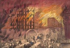1871 lithograph of people fleeing the great Chicago fire.