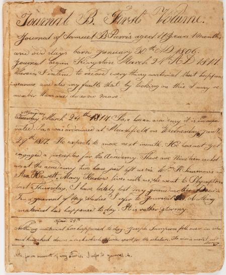 First page of Samuel Bartlett Parris diary